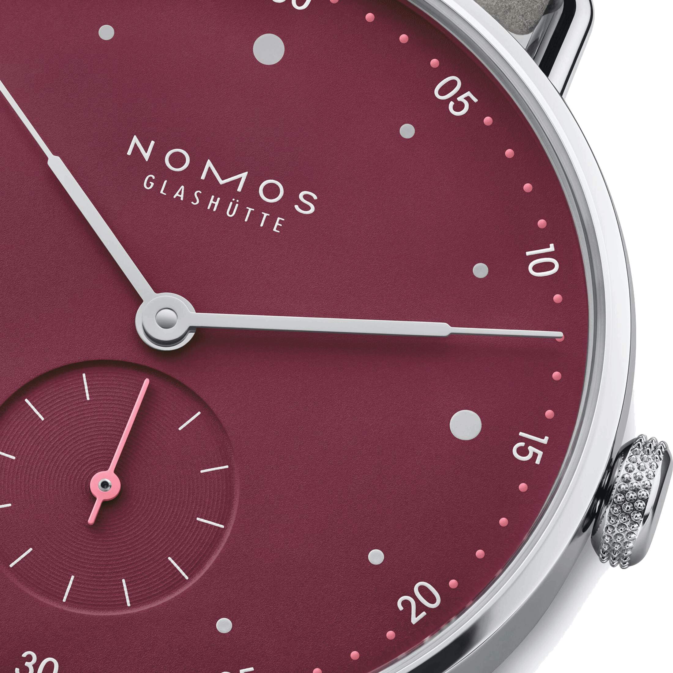 Montre Nomos Metro Muted Red mécanique fond acier cadran rouge bracelet cuir gris 33 mm 1123.SB