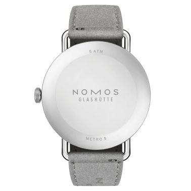 Montre Nomos Metro Muted Red mécanique fond acier cadran rouge bracelet cuir gris 33 mm 1123.SB