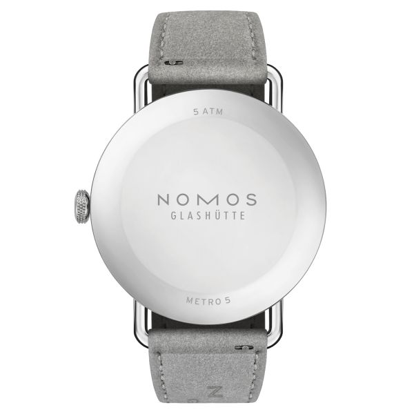 Montre Nomos Metro Muted Red mécanique fond acier cadran rouge bracelet cuir gris 33 mm 1123.SB