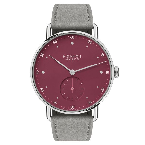 Nomos Metro Muted Red mechanical watch stainless steel back red dial grey leather strap 33 mm 1123.SB