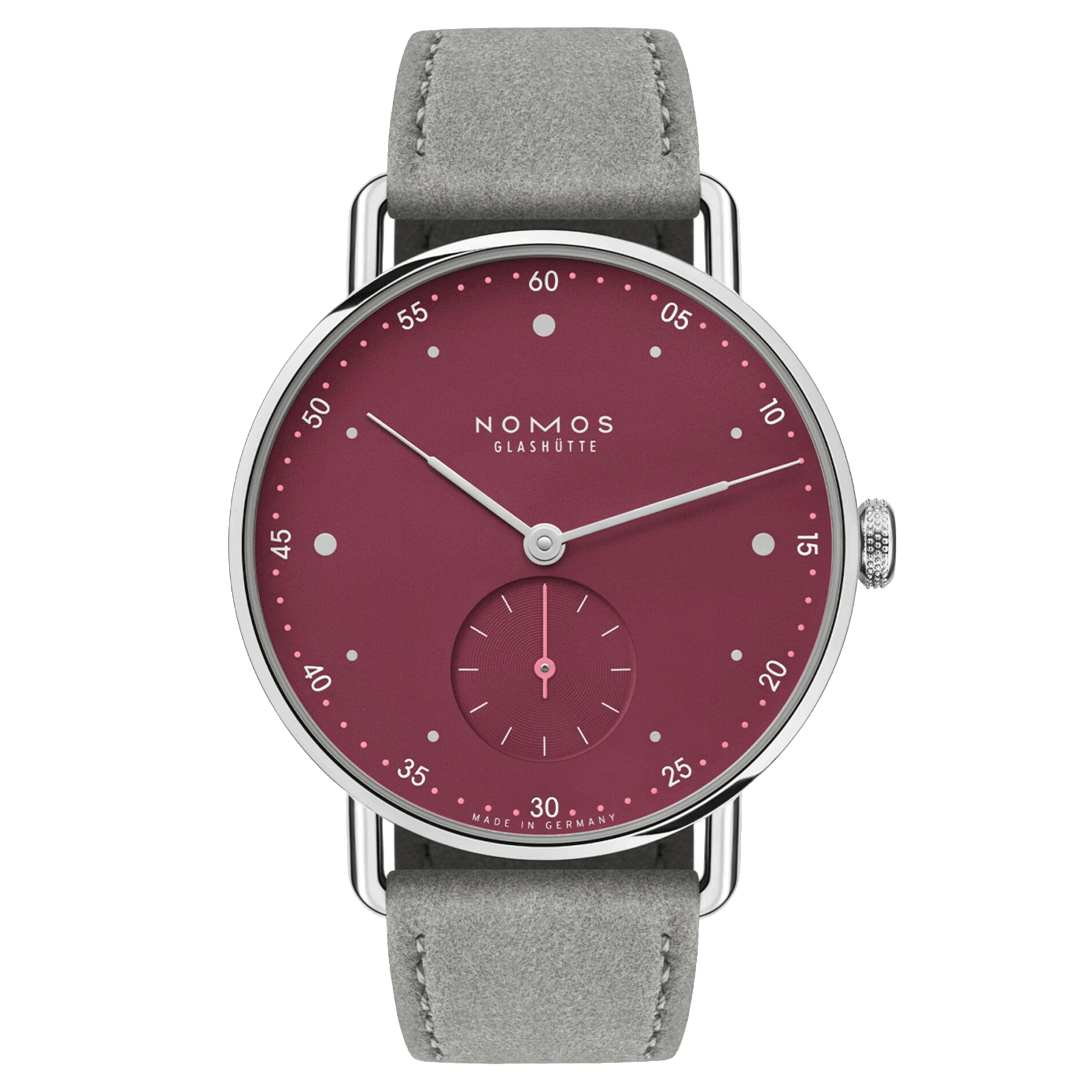 Montre Nomos Metro Muted Red mécanique fond saphir cadran rouge bracelet cuir gris 33 mm 1123