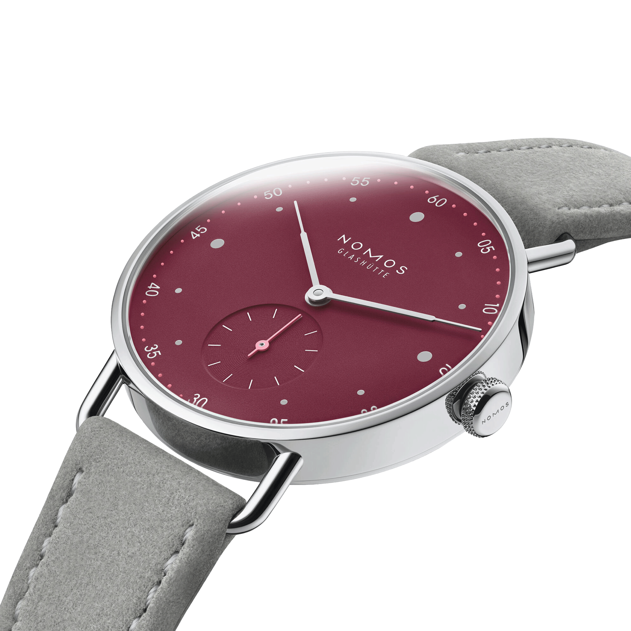 Montre Nomos Metro Muted Red mécanique fond saphir cadran rouge bracelet cuir gris 33 mm 1123