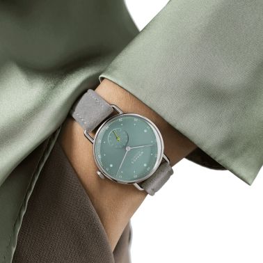Nomos Metro Sage mechanical watch stainless steel back green dial grey leather strap 33 mm 1124.SB