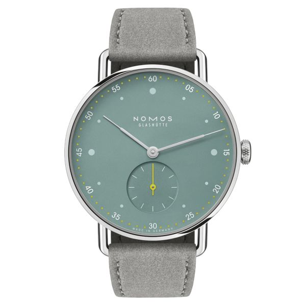 Nomos Metro Sage mechanical watch stainless steel back green dial grey leather strap 33 mm 1124.SB