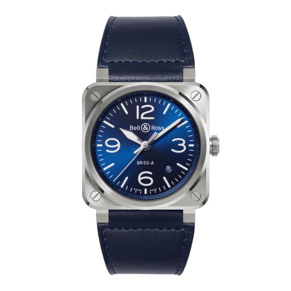 Montre Bell & Ross New BR 03 Blue Steel automatique cadran bleu bracelet cuir 41 mm