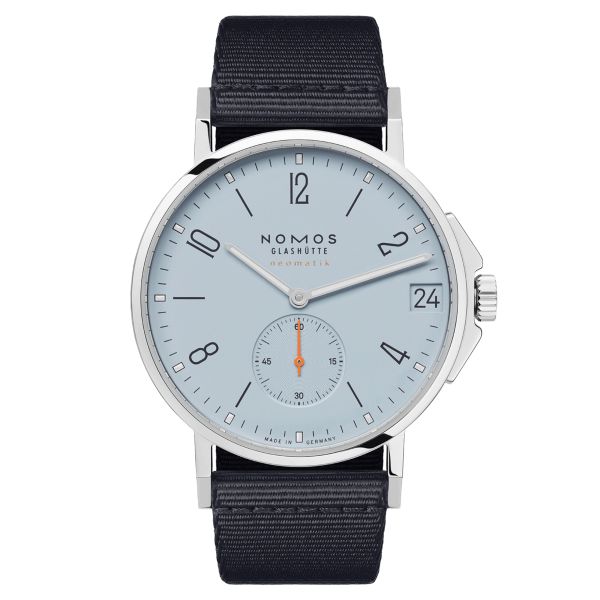 Nomos Ahoi Neomatik Date Ciel automatic watch stainless steel back blue dial blue fabric strap 38.5 mm 516