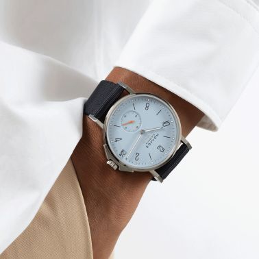 Nomos Ahoi Neomatik Date Ciel automatic watch stainless steel back blue dial blue fabric strap 38.5 mm 516