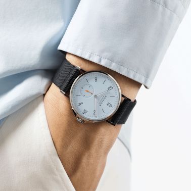 Nomos Ahoi Neomatik Date Ciel automatic watch stainless steel back blue dial blue fabric strap 38.5 mm 516