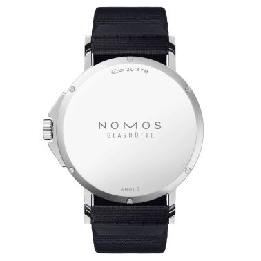 Nomos Ahoi Neomatik Date Ciel automatic watch stainless steel back blue dial blue fabric strap 38.5 mm 516