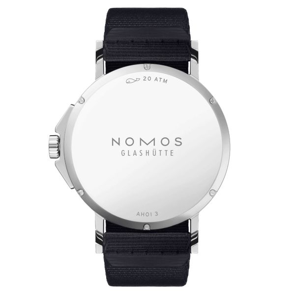 Nomos Ahoi Neomatik Date Ciel automatic watch stainless steel back blue dial blue fabric strap 38.5 mm 516