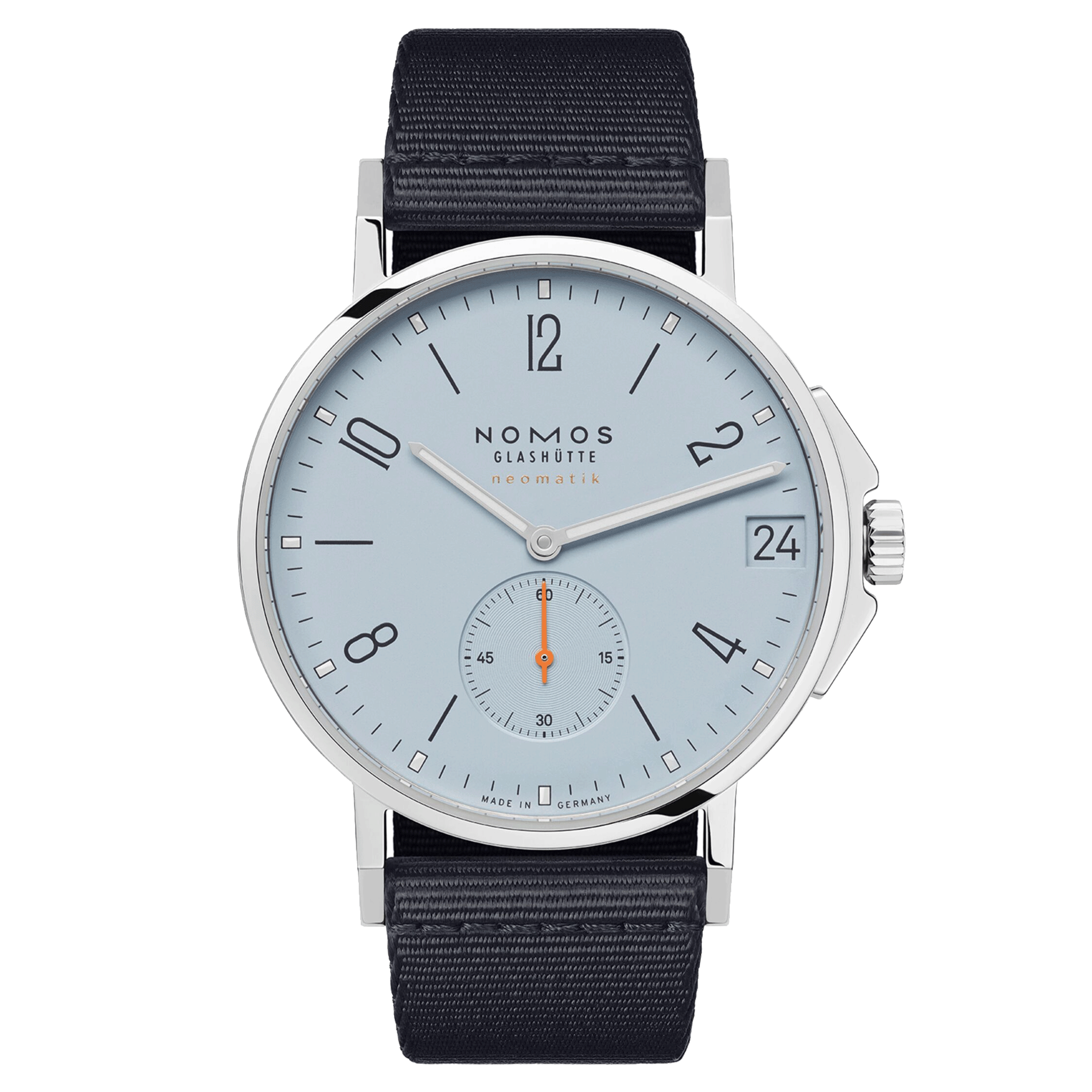 Nomos Ahoi Neomatik Date Ciel automatic watch sapphire back blue dial blue fabric strap 38.5 mm 526