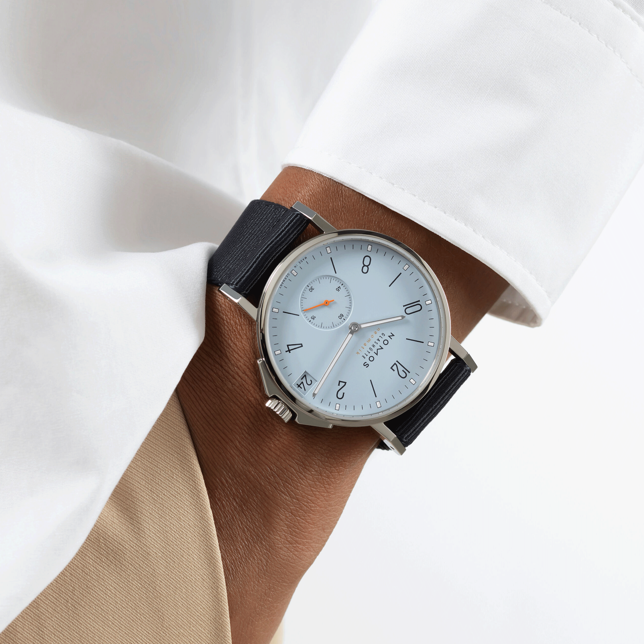 Nomos Ahoi Neomatik Date Ciel automatic watch sapphire back blue dial blue fabric strap 38.5 mm 526