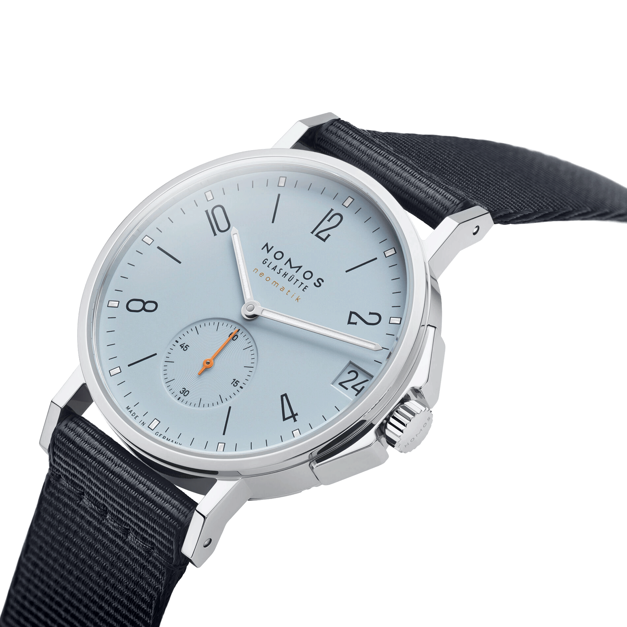 Nomos Ahoi Neomatik Date Ciel automatic watch sapphire back blue dial blue fabric strap 38.5 mm 526