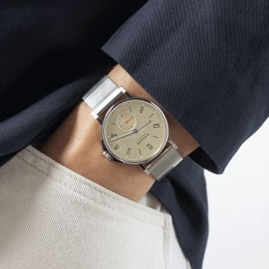 Nomos Ahoi Neomatik Date Sable automatic watch stainless steel back sand dial grey fabric strap 38.5 mm 517
