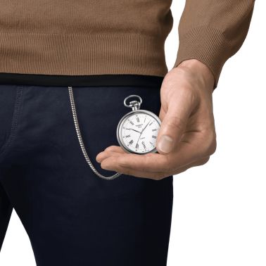 Tissot T-Pocket Lepine quartz watch white dial steel chain 49 mm T82.6.550.13