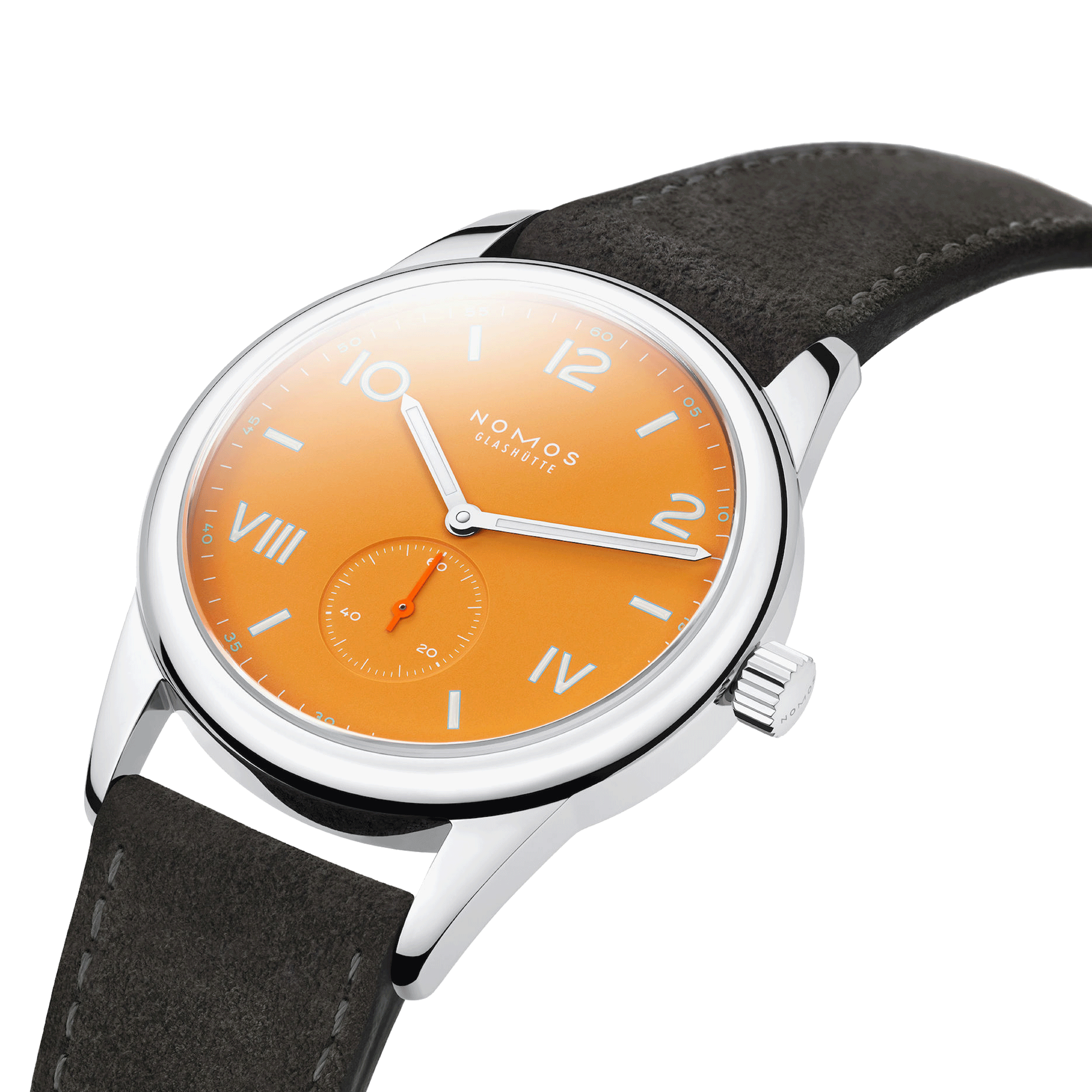 Montre Nomos Club Campus 38 Future Orange automatique à remontage manuel cadran orange bracelet cuir velours anthracite 38,5 mm 