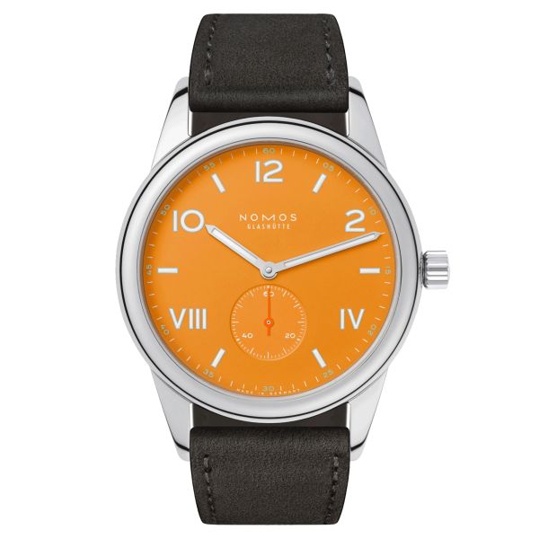 Nomos Club Campus 38 Future Orange automatic watch with manual winding orange dial anthracite suede leather strap 38,5 mm
