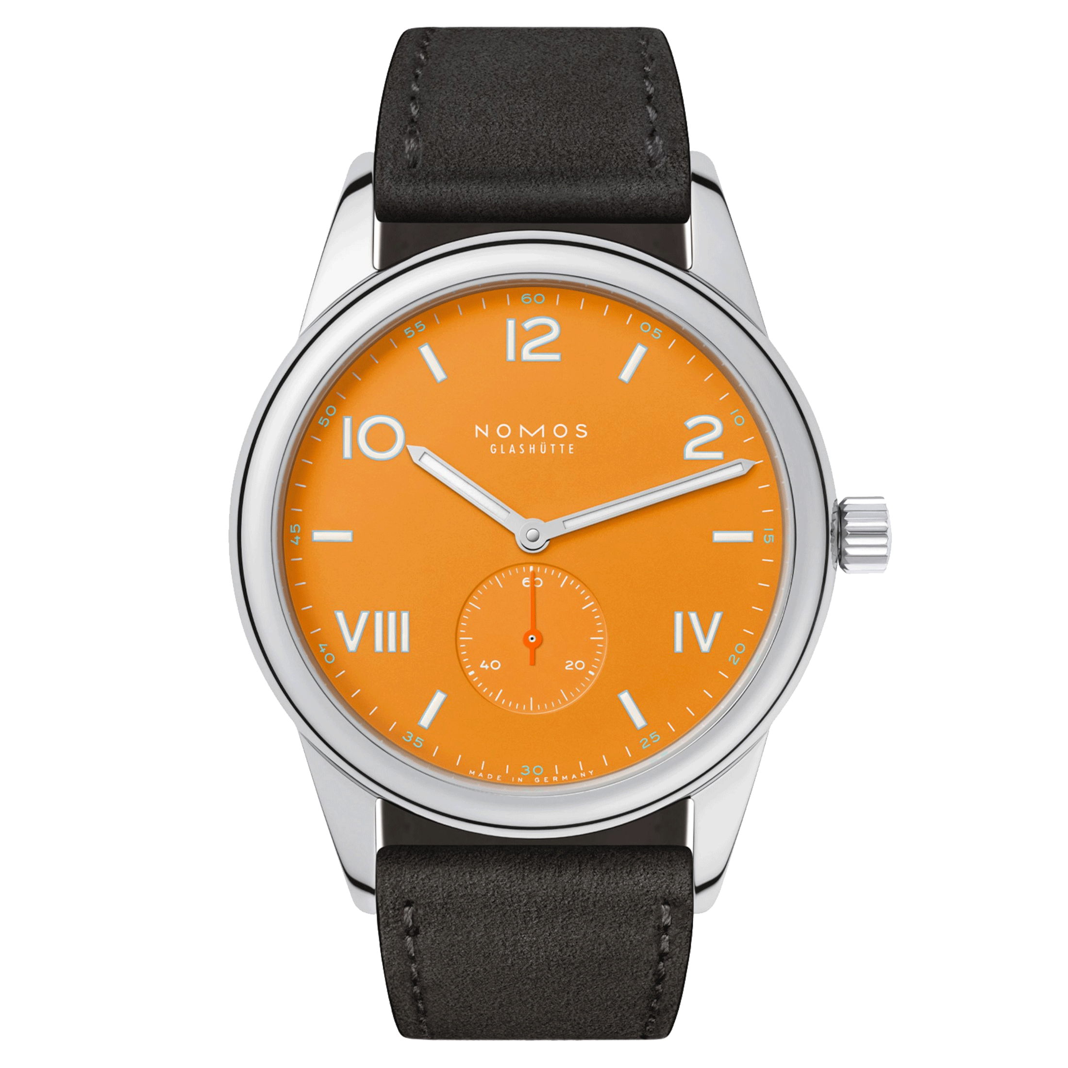 Montre Nomos Club Campus 38 Future Orange automatique à remontage manuel cadran orange bracelet cuir velours anthracite 38,5 mm 