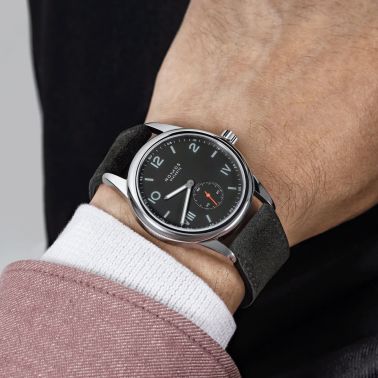 NOMOS Club Campus 38 mechanical watch sapphire back black dial anthracite leather strap 38.5 mm