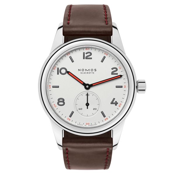 Nomos Club mechanical watch white galvanized dial brown leather strap 36 mm