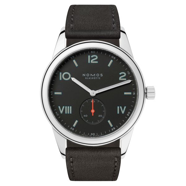 NOMOS Club Campus 38 mechanical watch black dial anthracite leather strap 38.5 mm