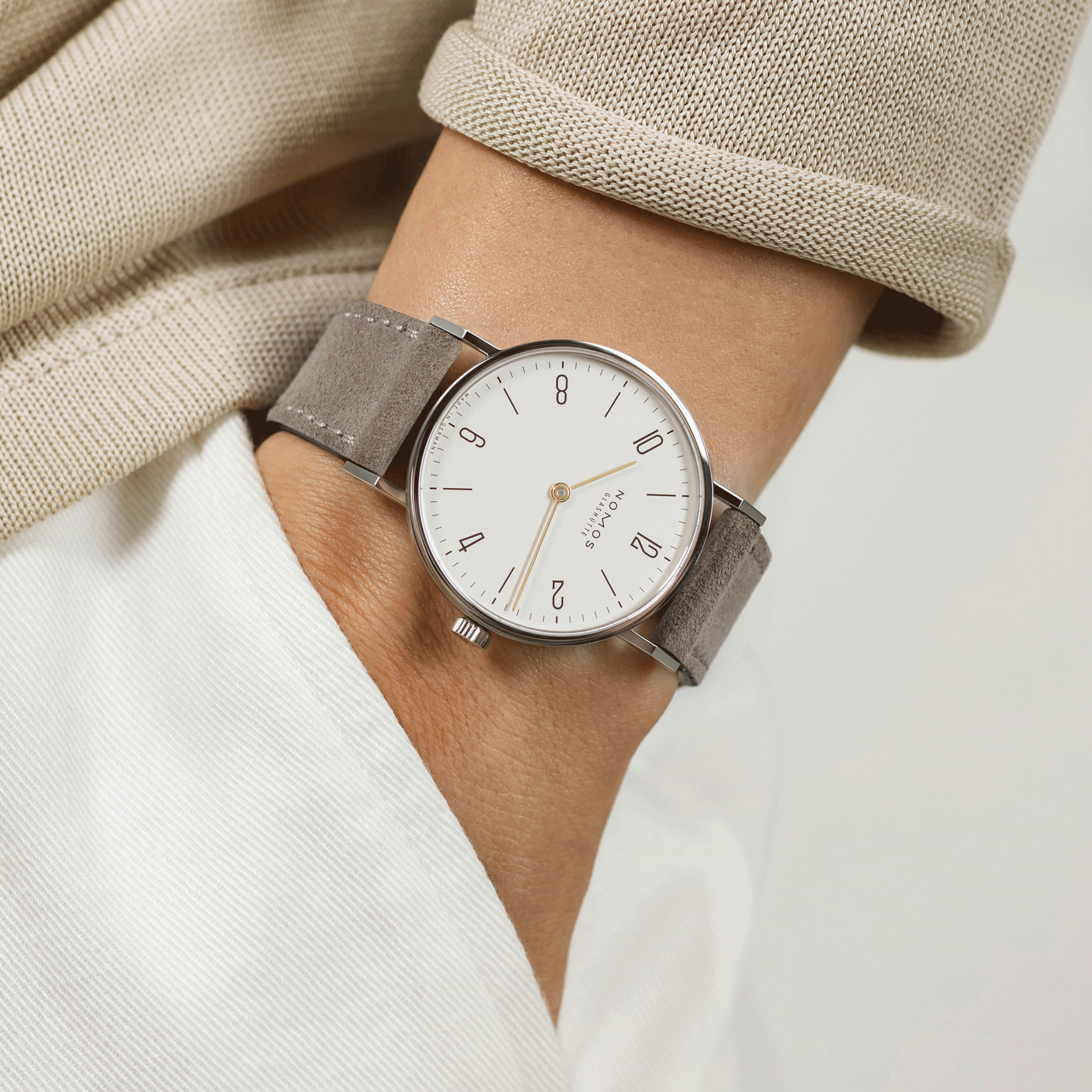 NOMOS Tangente 33 duo mechanical watch beige leather strap 32.8 mm