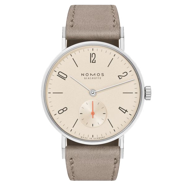 NOMOS Tangente 33 mechanical watch sapphire back champagne dial beige leather strap 32.8 mm