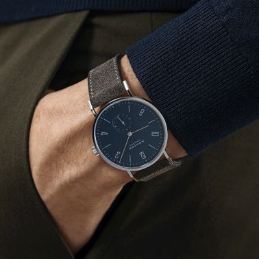 NOMOS Tangente 38 mechanical watch sapphire back night blue dial anthracite leather strap 37,5 mm