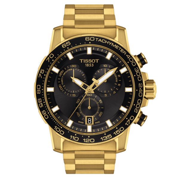 Tissot T-Sport Supersport Chrono PVD Yellow gold quartz watch Black dial Steel bracelet 45.5 mm