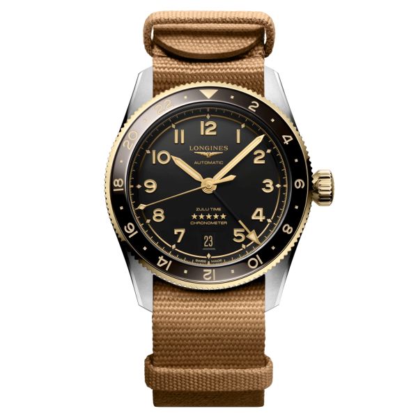 Longines Spirit Zulu Time Steel & Gold automatic watch black dial brown NATO strap 39 mm