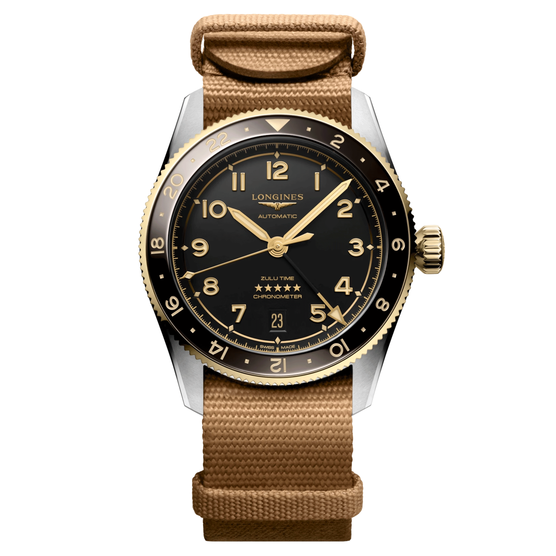 Montre Longines Spirit Zulu Time Steel&Gold automatique cadran noir bracelet NATO brun 39 mm L3.802.5.53.6