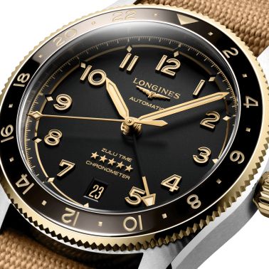 Montre Longines Spirit Zulu Time Steel&Gold automatique cadran noir bracelet NATO brun 39 mm L3.802.5.53.6