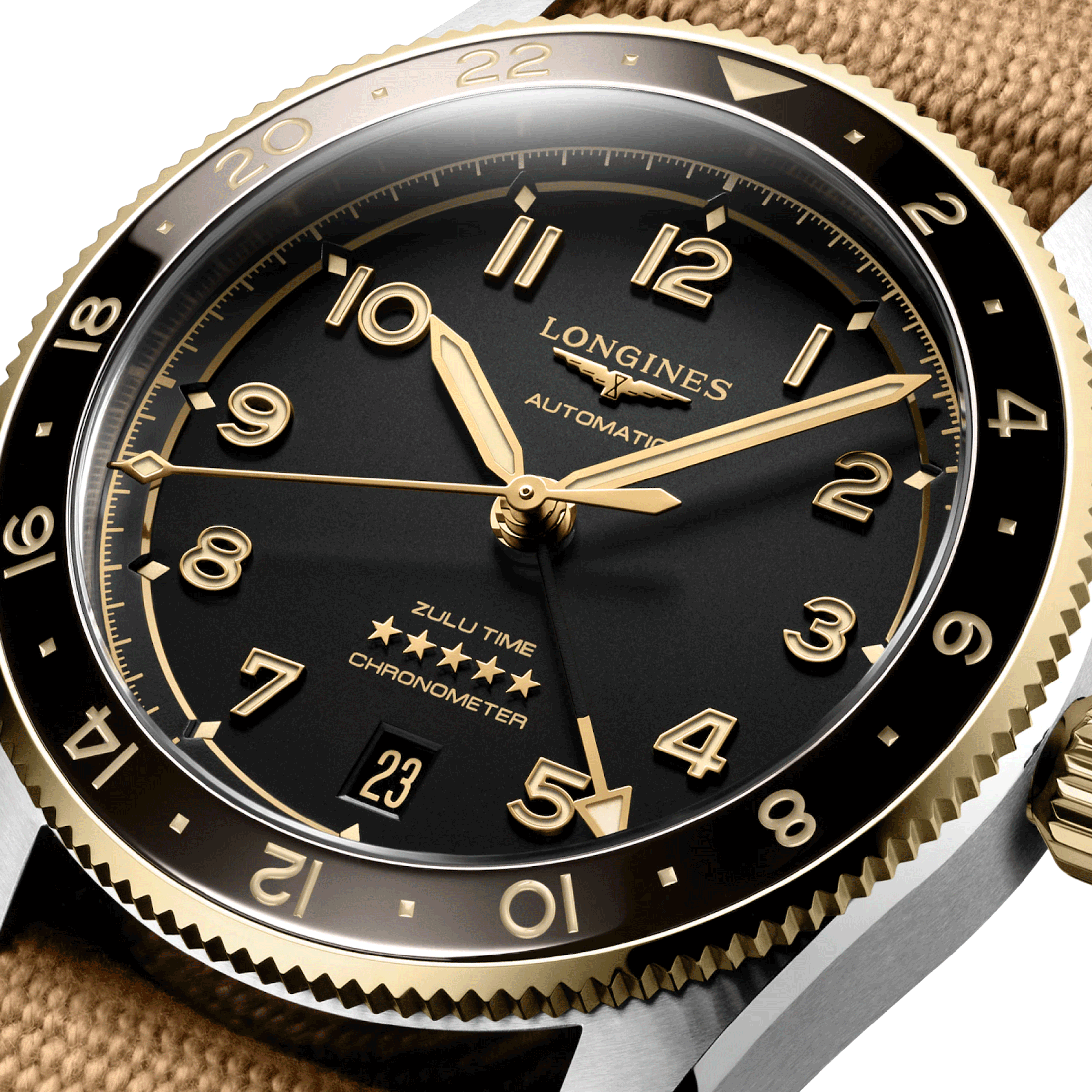 Montre Longines Spirit Zulu Time Steel&Gold automatique cadran noir bracelet NATO brun 39 mm L3.802.5.53.6
