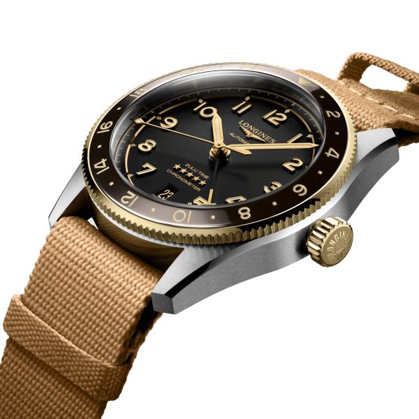 Montre Longines Spirit Zulu Time Steel&Gold automatique cadran noir bracelet NATO brun 39 mm L3.802.5.53.6