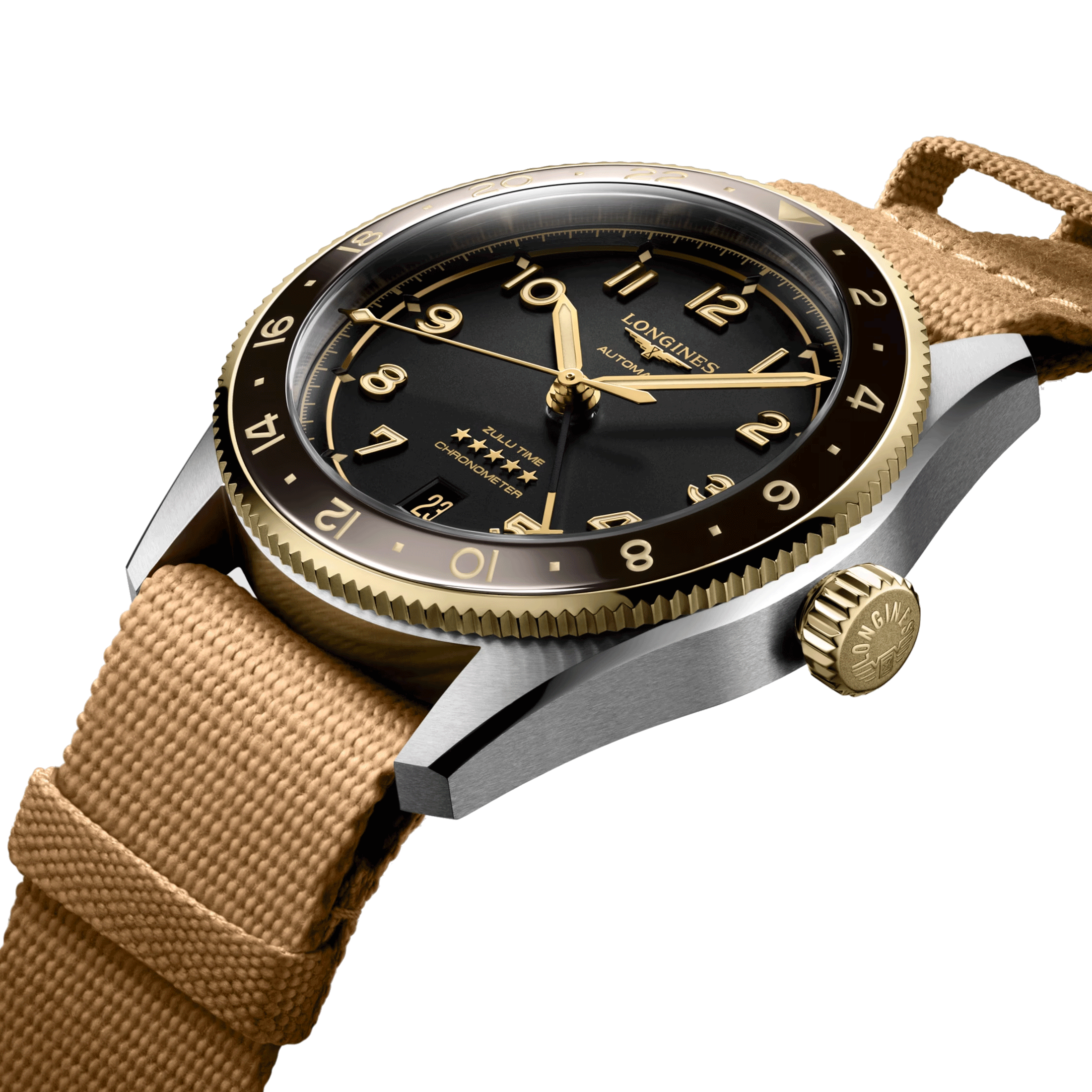 Montre Longines Spirit Zulu Time Steel&Gold automatique cadran noir bracelet NATO brun 39 mm L3.802.5.53.6