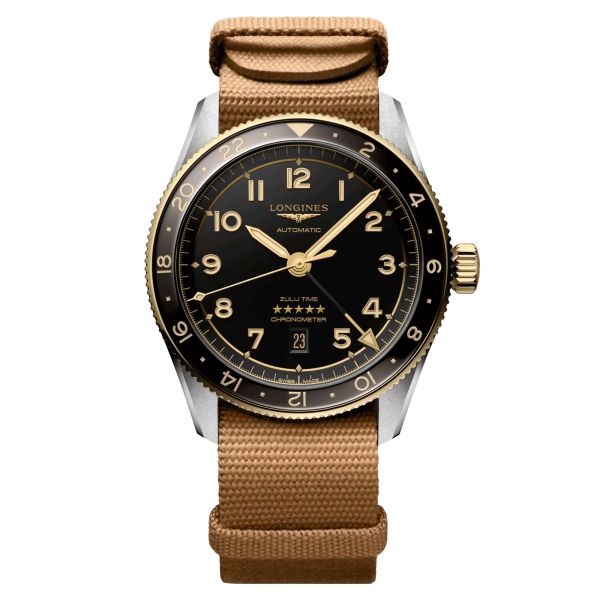 Montre Longines Spirit Zulu Time Steel&Gold automatique cadran noir bracelet NATO brun 42 mm L3.812.5.53.9