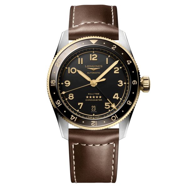 Longines Spirit Zulu Time Steel & Gold automatic watch black dial brown leather strap 39 mm L3.802.5.53.2