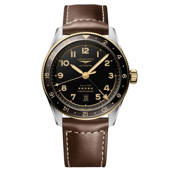 Longines Spirit Zulu Time Steel & Gold automatic watch black dial brown leather strap 42 mm L3.812.5.53.2