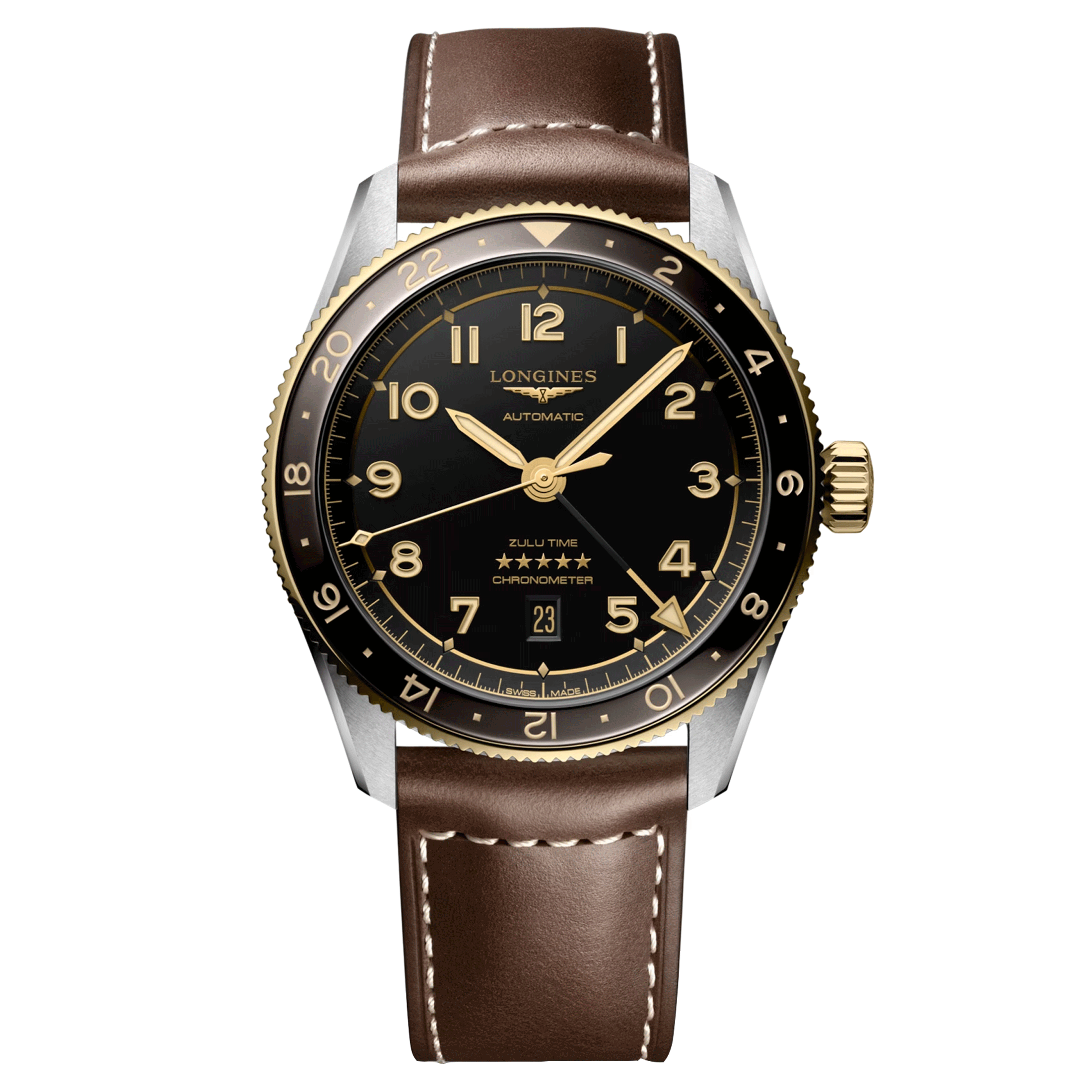 Montre Longines Spirit Zulu Time Steel&Gold automatique cadran noir bracelet cuir brun 42 mm L3.812.5.53.2