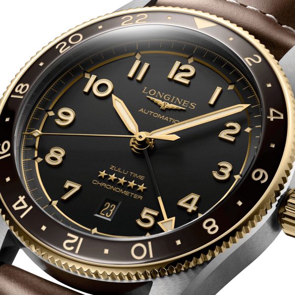 Montre Longines Spirit Zulu Time Steel&Gold automatique cadran noir bracelet cuir brun 42 mm L3.812.5.53.2
