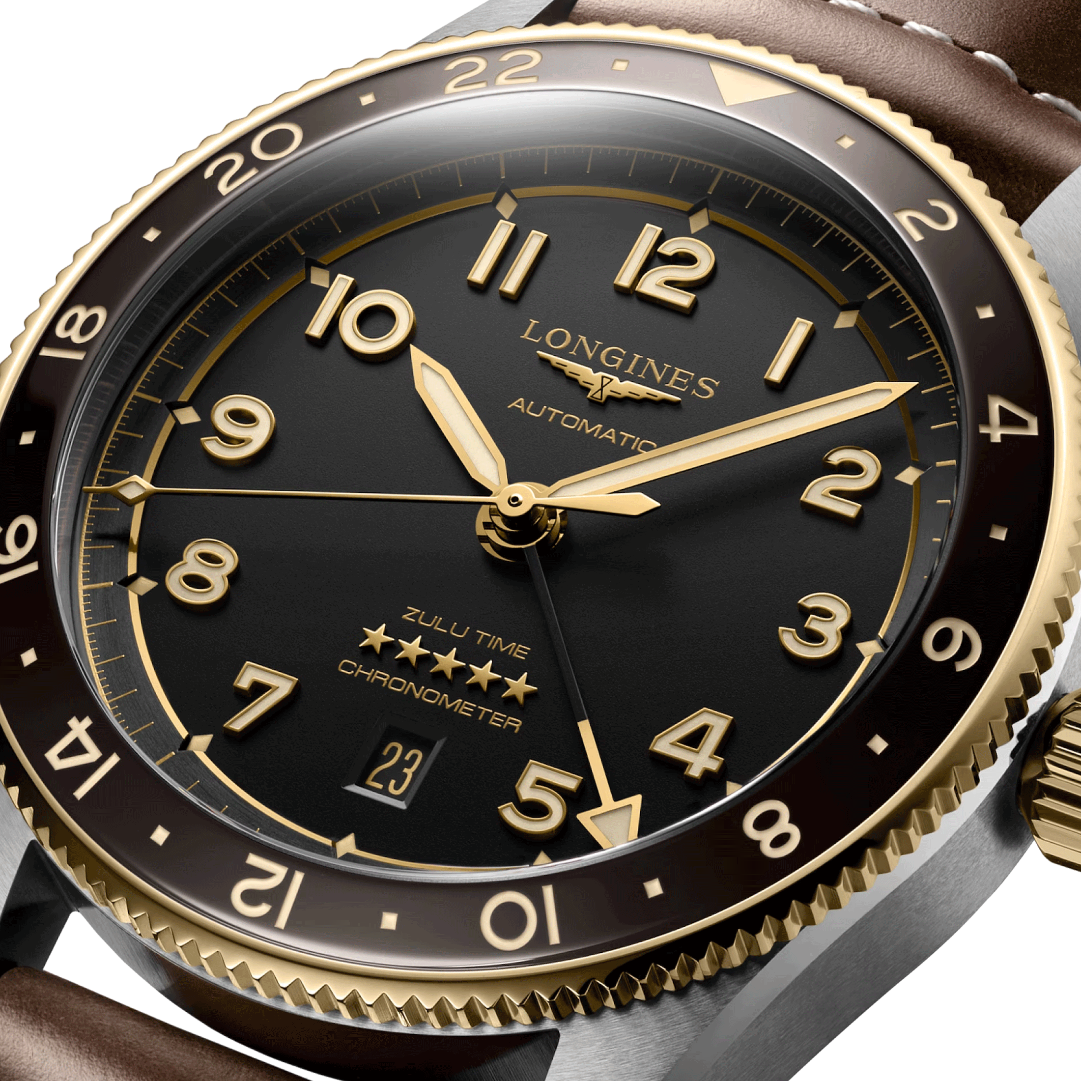 Montre Longines Spirit Zulu Time Steel&Gold automatique cadran noir bracelet cuir brun 42 mm L3.812.5.53.2