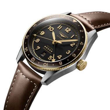 Montre Longines Spirit Zulu Time Steel&Gold automatique cadran noir bracelet cuir brun 42 mm L3.812.5.53.2