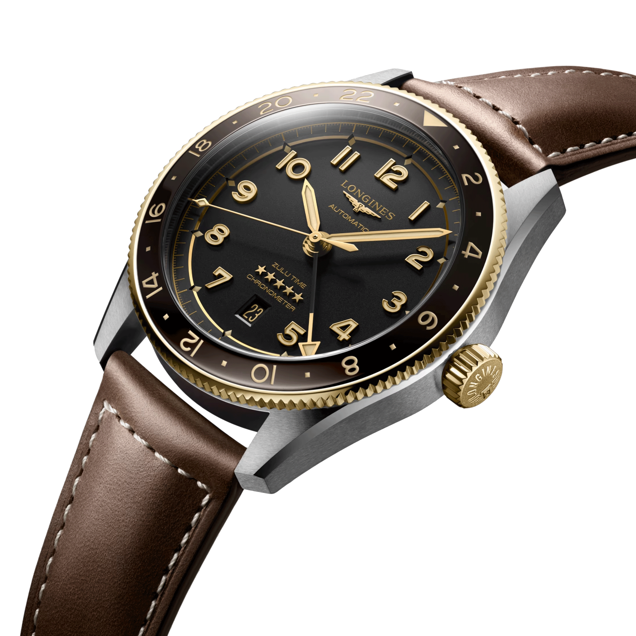 Montre Longines Spirit Zulu Time Steel&Gold automatique cadran noir bracelet cuir brun 42 mm L3.812.5.53.2