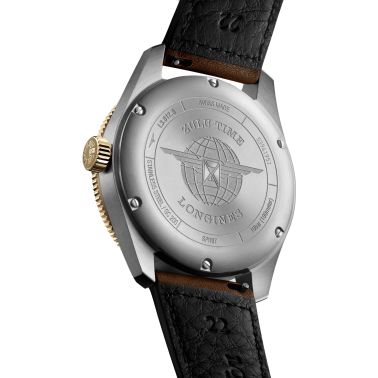 Longines Spirit Zulu Time Steel & Gold automatic watch black dial brown leather strap 42 mm L3.812.5.53.2