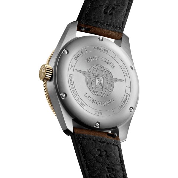 Montre Longines Spirit Zulu Time Steel&Gold automatique cadran noir bracelet cuir brun 42 mm L3.812.5.53.2