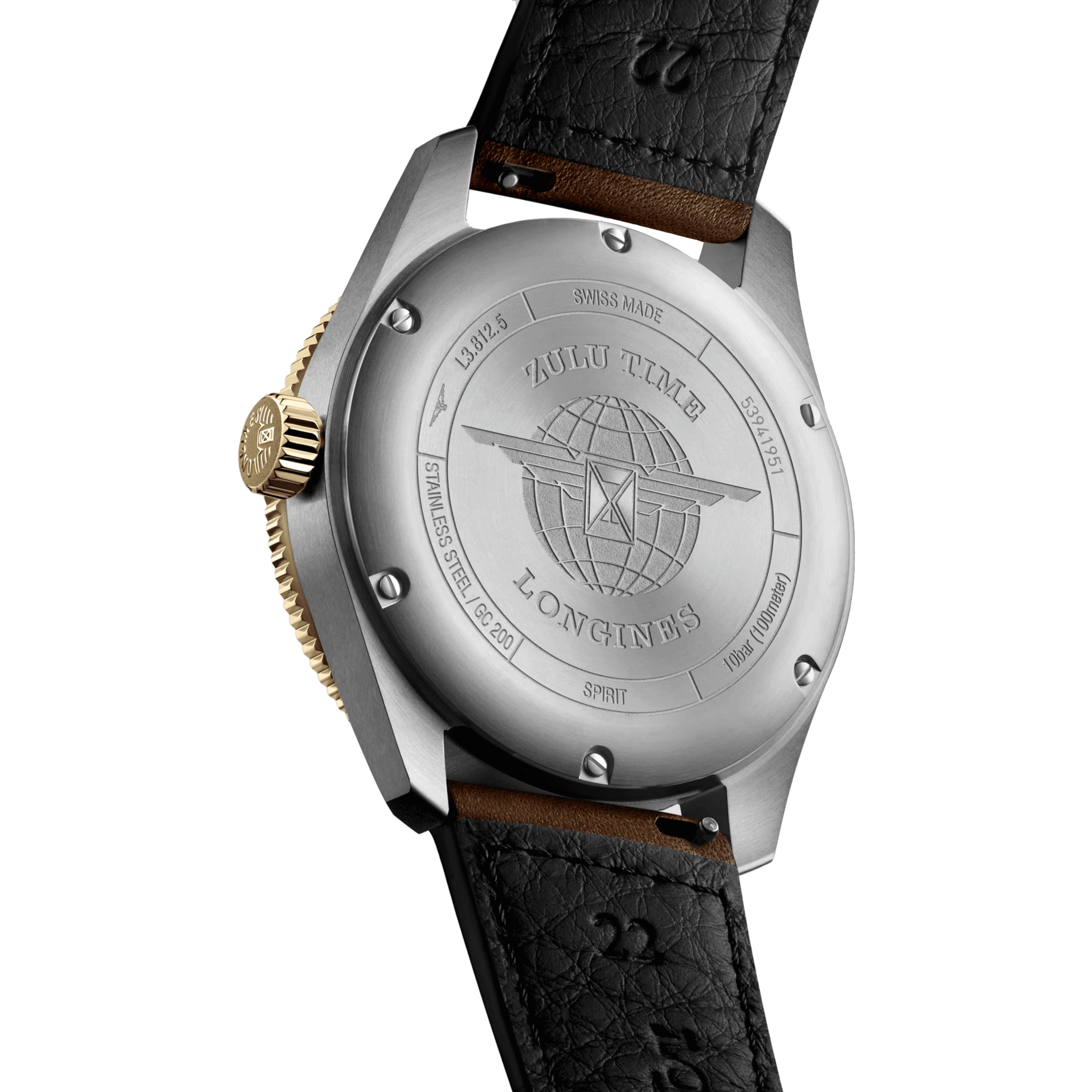 Montre Longines Spirit Zulu Time Steel&Gold automatique cadran noir bracelet cuir brun 42 mm L3.812.5.53.2