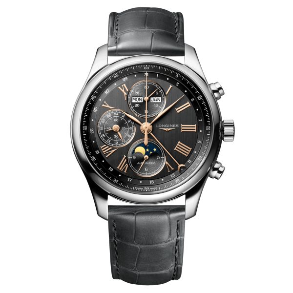 Longines Master Collection automatic chronograph watch anthracite dial grey leather strap 42 mm L2.773.4.61.2
