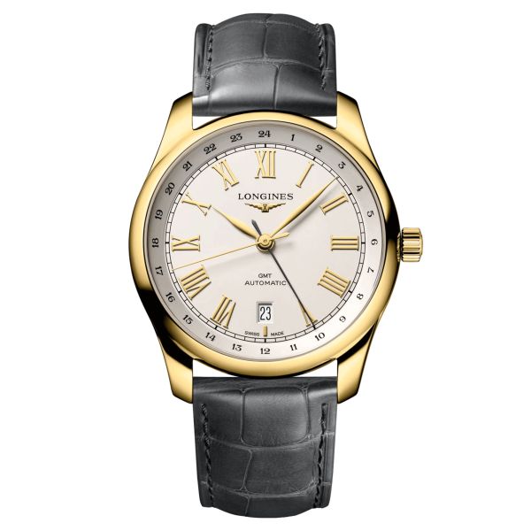 Montre Longines Master Collection GMT Or Jaune automatique cadran argent bracelet cuir gris 40 mm L2.844.6.71.2