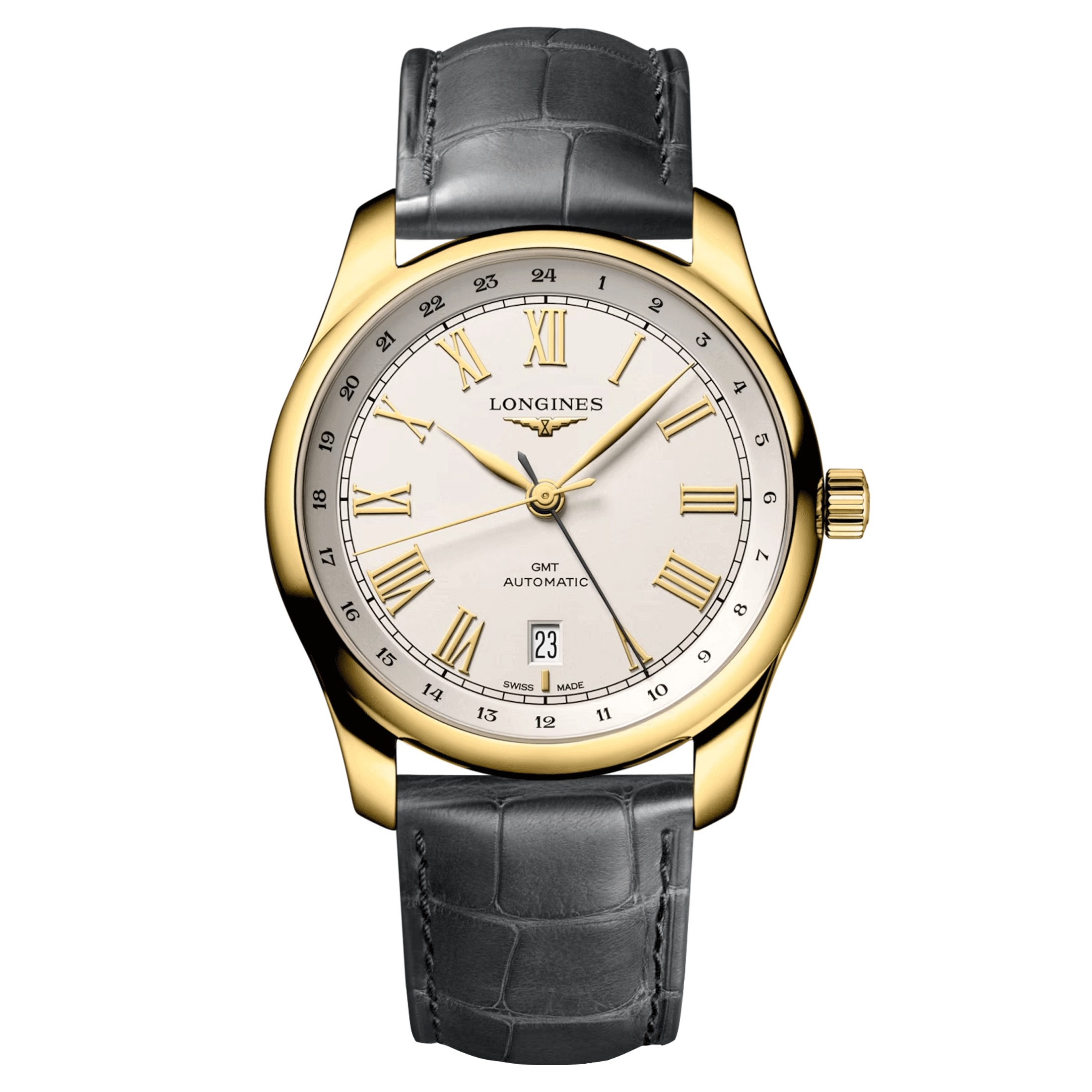 Montre Longines Master Collection GMT Or Jaune automatique cadran argent bracelet cuir gris 40 mm L2.844.6.71.2