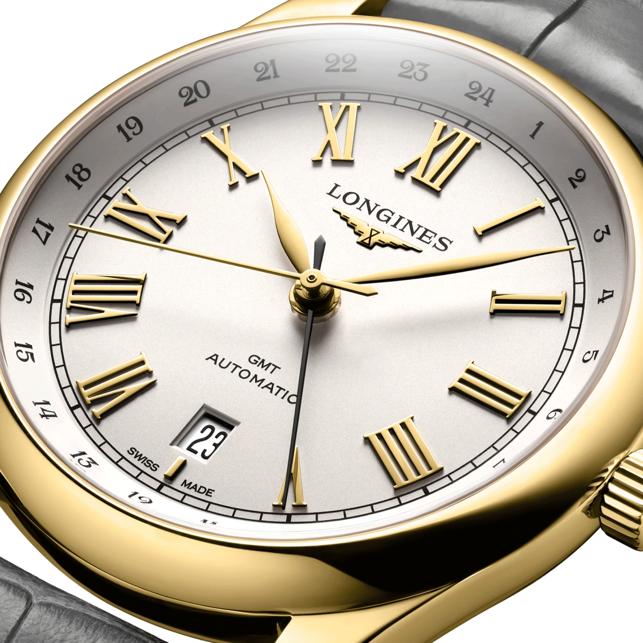 Montre Longines Master Collection GMT Or Jaune automatique cadran argent bracelet cuir gris 40 mm L2.844.6.71.2